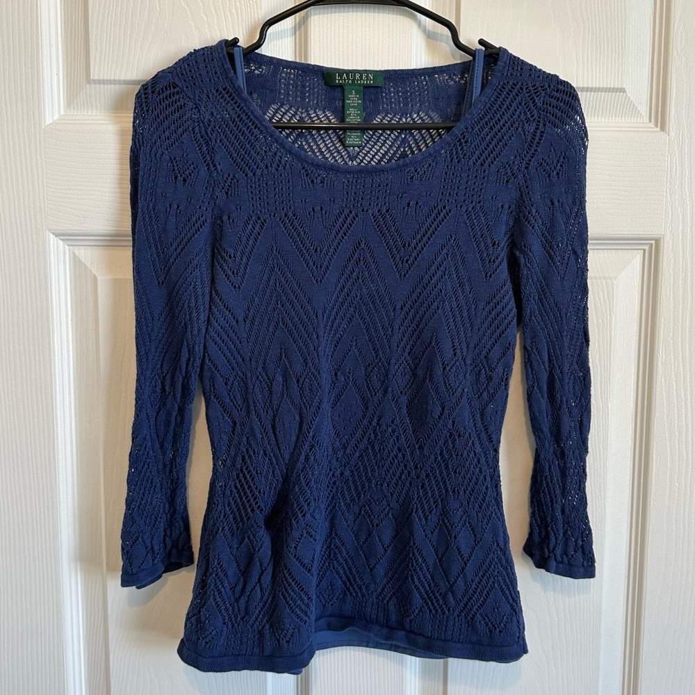 RALPH LAUREN Blue 3/4 Sleeve Woven Pattern Top with Tank Top Underneath